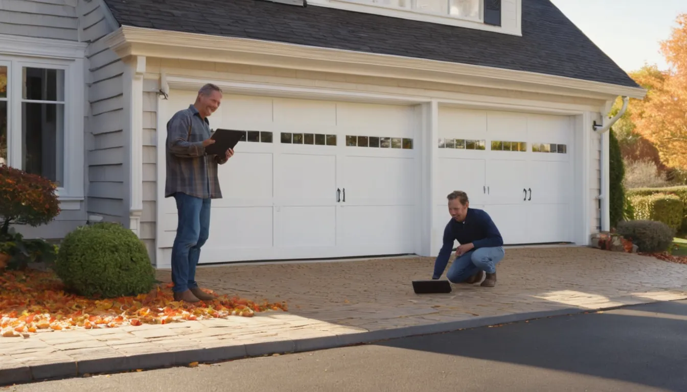 A friendly local provider inspecting a residential garage door in the College Park area with the homeowner nearby